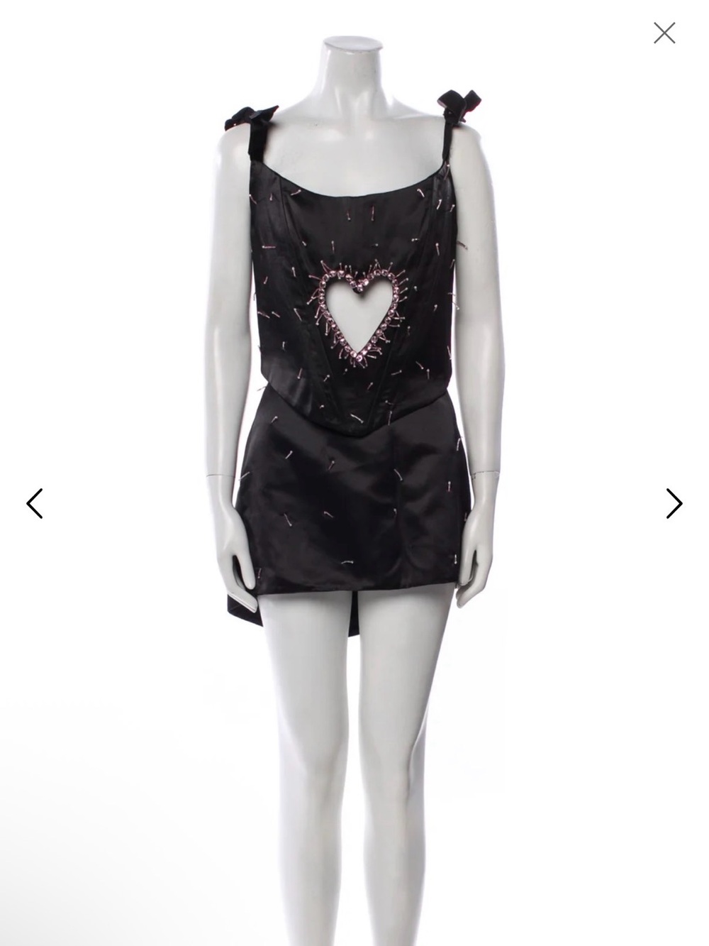 Lirika Matoshi Black Satin Beaded Jewel Cutout Heart Corset Top with Mini Skirt
